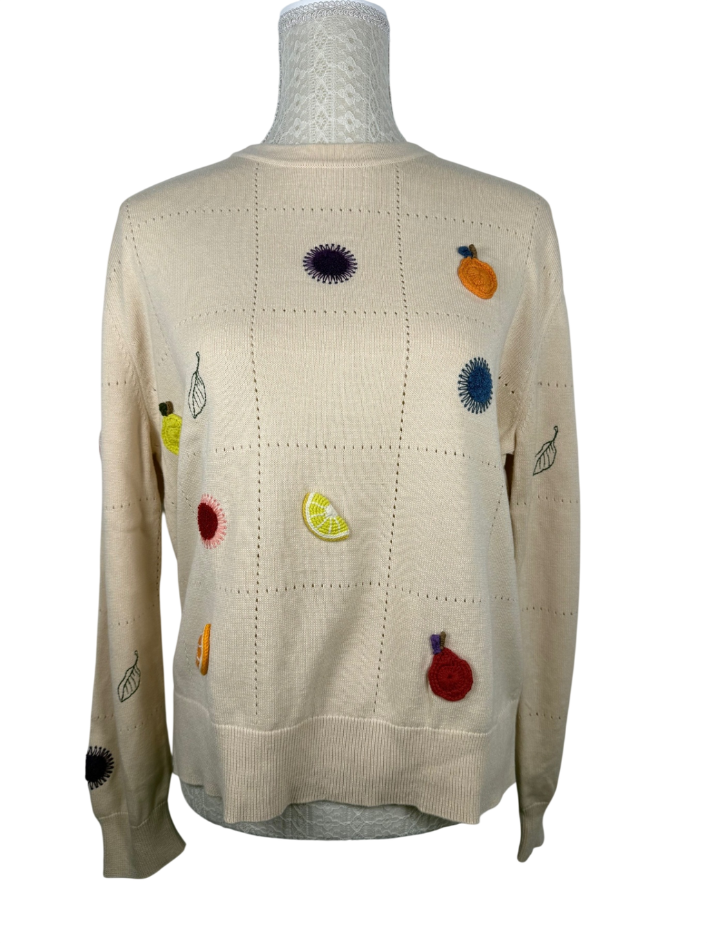 PS PAUL SMITH | Strickpullover mit Häkel-Früchte-Applikationen | Gr. L | Cremeweiß
