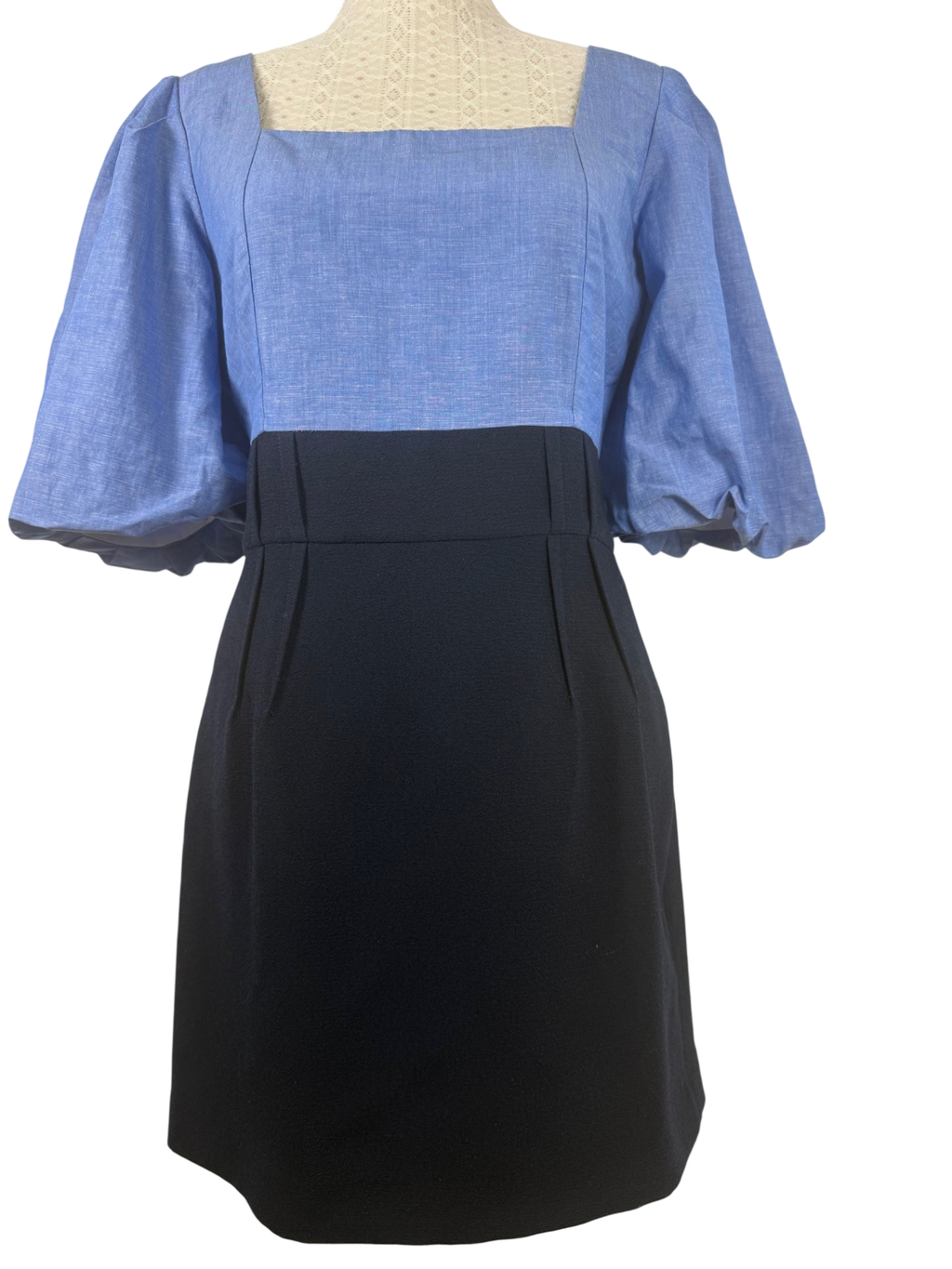 SANDRO PARIS | Mini-Kleid Bi-Color mit Puffärmeln |  Gr. 36/38 | Navy & Denim-Blau