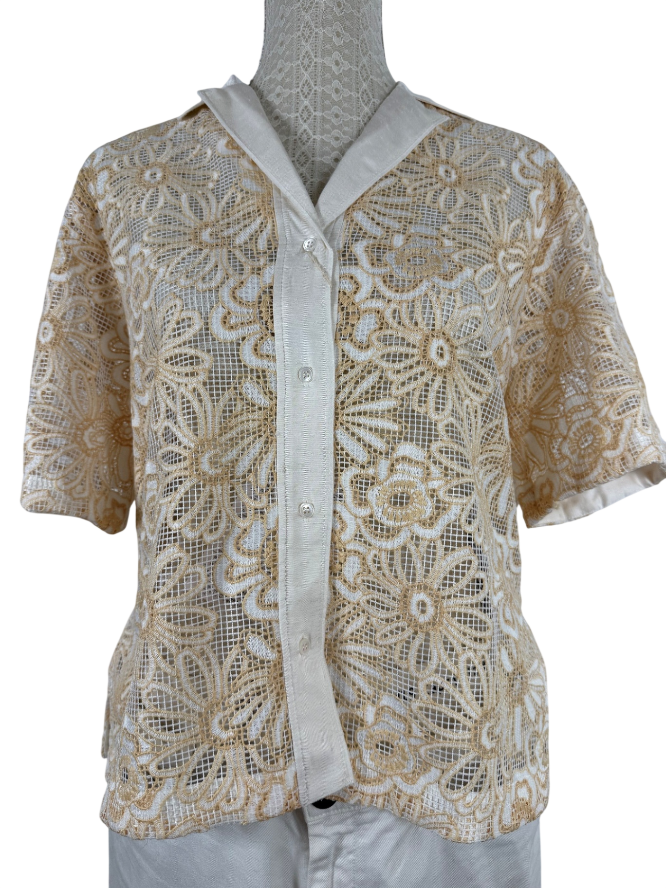 SANDRO PARIS | Spitzenbluse | Gr. 3 (DE 38) | Creme, Gold