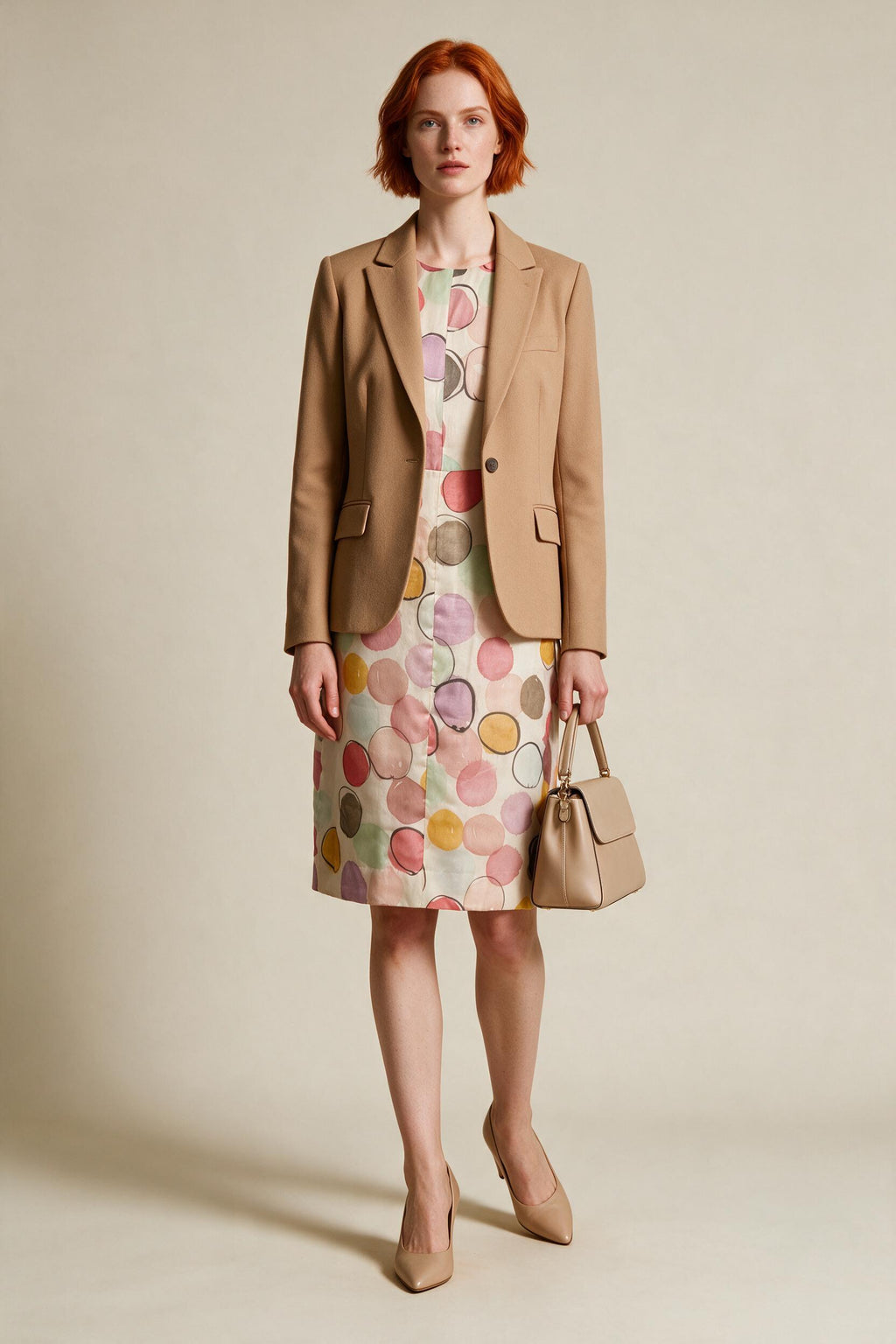 Luisa Cerano Seidenkleid  Gr. 40, Beige, bunt (mit buntem Kreisprint)