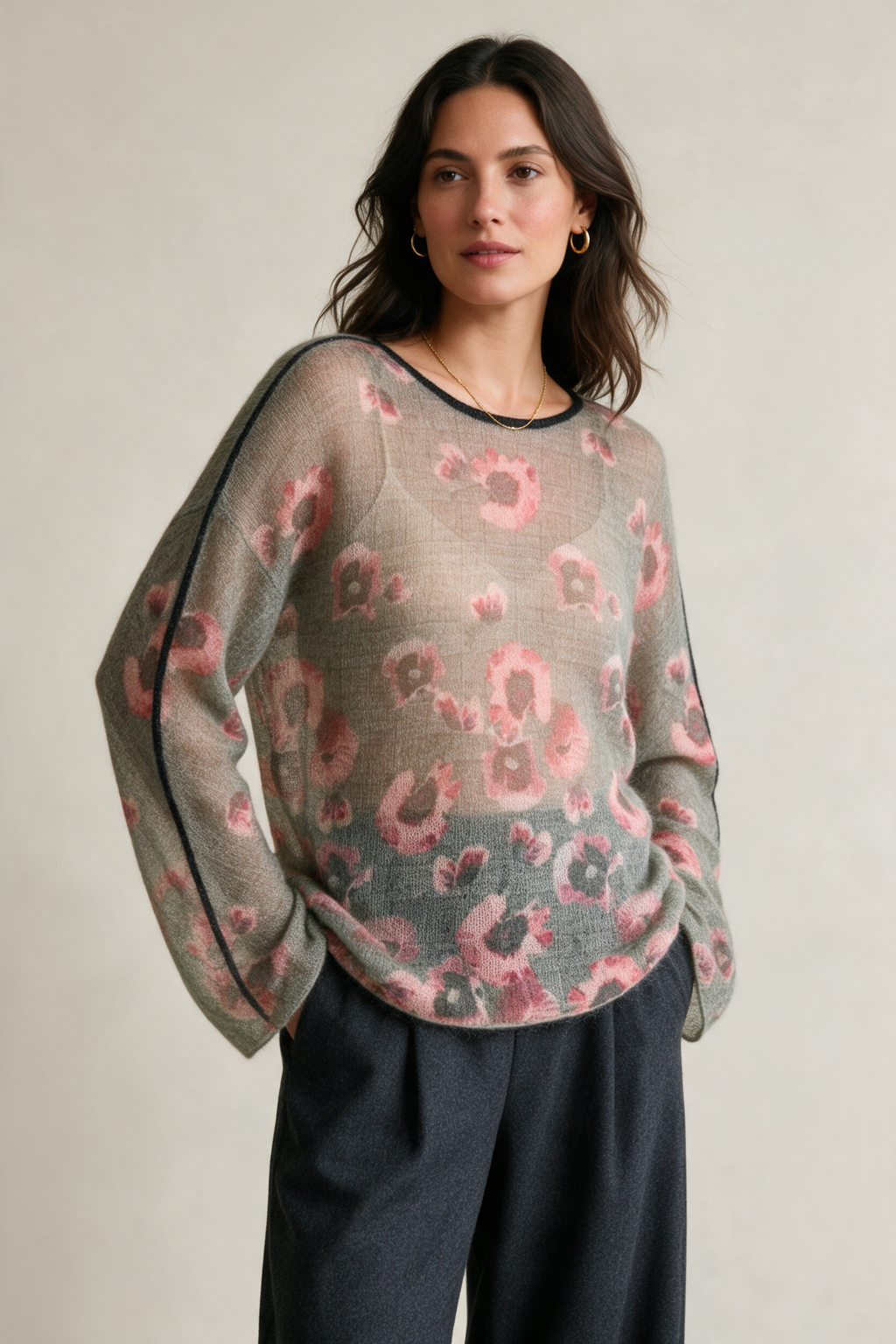 Marc Cain durchsichtiger Mohair-Pullover mit Blumenmuster, Gr. M