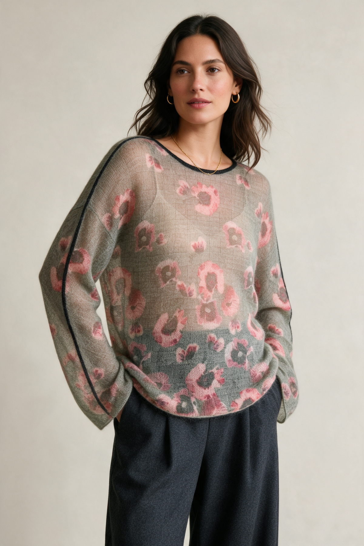 Marc Cain durchsichtiger Mohair-Pullover mit Blumenmuster, Gr. M