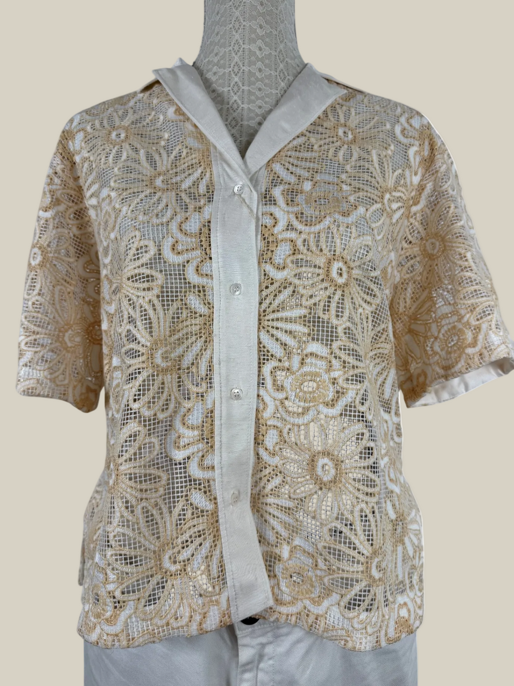 SANDRO PARIS | Spitzenbluse | Gr. 3 (DE 38) | Creme, Gold